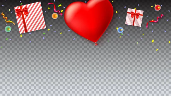 Balão inflável vermelho na forma de um coração com caixas de presente, velas, ouropel e confete no fundo transparente. Modelo para pessoas criativas . — Vetor de Stock
