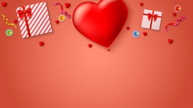 Renkli arka plan üzerinde kırmızı şişme balon hediye kutuları, mumlar, tinsel ve konfeti ile bir kalp şeklinde. Yaratıcı kişiler için şablon.