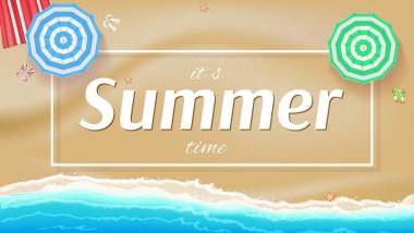 Yaz arka plan, sahil, güneş şemsiyeleri, golden sands ve plaj Mat ile banner.