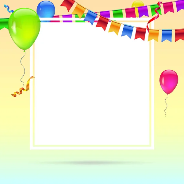 Celebra el fondo colorido con globos voladores de colores sobre fondo coloreado. Plantilla para saludos o tarjeta de cumpleaños, invitación con guirnaldas colgantes de banderas de colores y serpentinas — Vector de stock