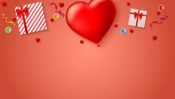 Красный надувной шарик в форме сердца с подарочными коробками, свечами, мишурой и конфетти на цветном фоне. Шаблон для творческих людей . — стоковый вектор