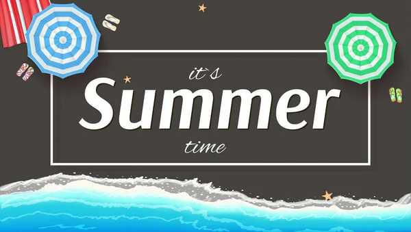 Summer background, banner with seashore, sun umbrellas, golden sands and beach Mat. — Stock Vector