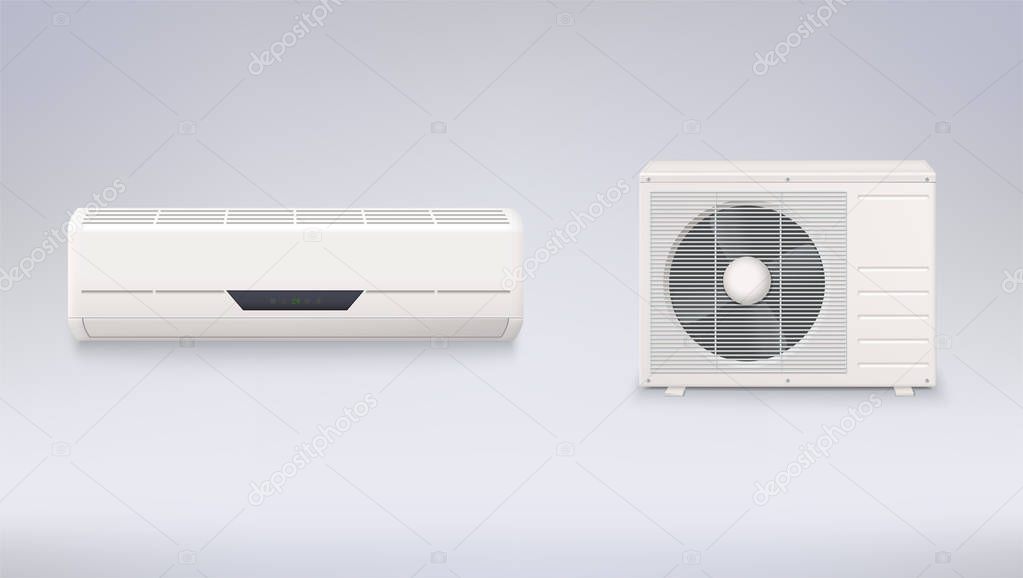 Air conditioning, electronic appliance to clean, freshen and circulate air white color indoor and outdoor units.