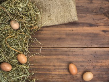 Kırsal çevre kahverengi tavuk yumurtası, çuval bezi ve saman eski ahşap plakalar arka plan üzerine bir parça ile arka plan. Üstten Görünüm. Paskalya kartları için yaratıcı arka plan