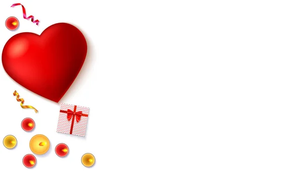 Fond romantique, grand coeur rouge, bougies allumées, boîte cadeau avec arc rouge et ruban, serpentine colorée . — Image vectorielle