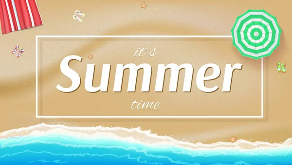 Sommerhintergrund, Banner mit Meer, Sonnenschirmen, goldenem Sand und Strandmatte. — Stockvektor