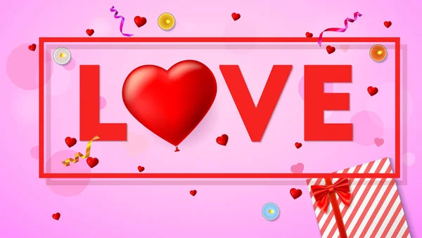 Cartão de amor com tipografia, um grande coração vermelho na forma de um balão inflável, escarlate. Vista superior sobre composição com caixa de presente, velas, ouropel e confete . —  Vetores de Stock