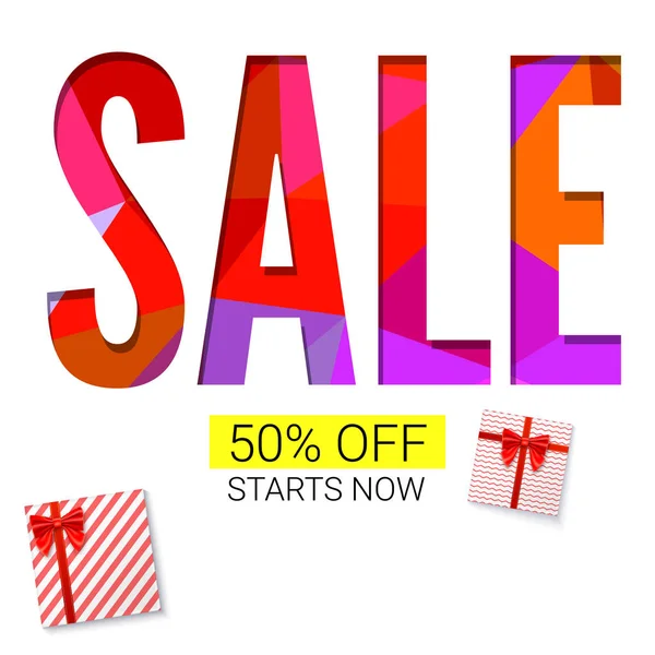 Holiday sale with gift, advertising banner on white and triangles background. Red gift boxes with ribbon. 50 percent off, starts now — Stock Vector