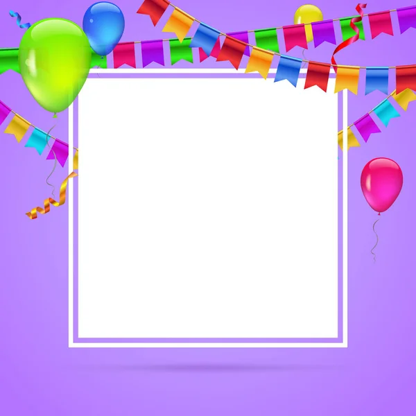 庆祝与五颜六色的气球飞上彩色背景的彩色背景。问候或生日贺卡，邀请与挂花环的彩旗和彩带的模板 — 图库矢量图片