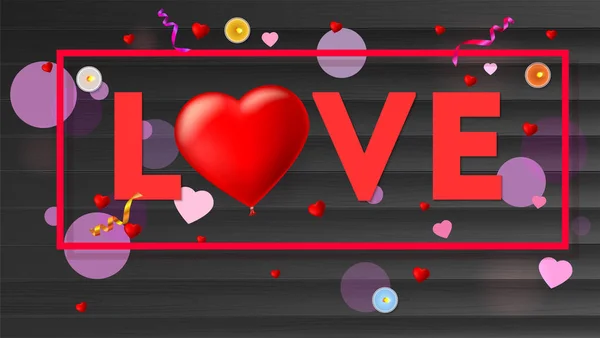 Cartão de amor com tipografia, um grande coração vermelho na forma de um balão inflável, escarlate. Vista superior sobre composição com velas, ouropel e confete . —  Vetores de Stock