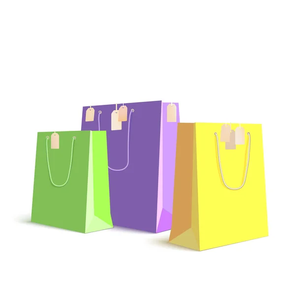Zestaw papieru, kolorowe torby na zakupy, ilustracja wektorowa o zmiennym rozmiarze. — Wektor stockowy