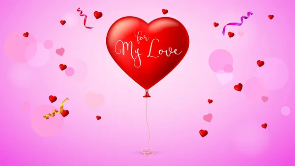 Ljusa röda hjärtat, uppblåsbara ballongen i form av en realistisk, stora hjärta med tejp, band. — Stock vektor