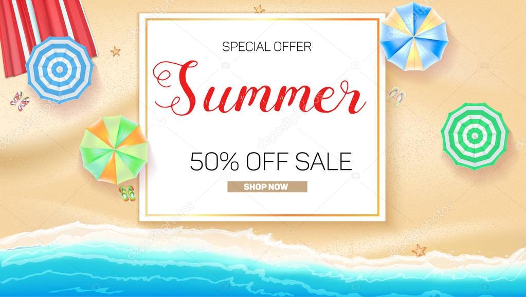 Advertising banner sales with typography. Summer sale 50 percent discount, buy now