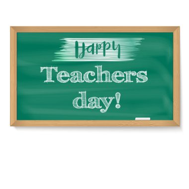 Mutlu öğretmen günü. Okul kara tahta kaligrafi metinle tebeşir yazılı. Gerçekçi tebrik afiş, tebrik kartları için