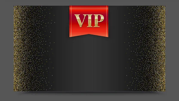 VIP or luxury red flag on black gradient backdrop with golden, shiny, glitter dust. Metallic pattern. Horizontal picture frame. Template for advertisement, VIP or luxury card, selling banner, cover — Stock Vector