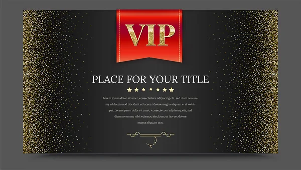 Bandera roja VIP o de lujo sobre fondo de degradado negro con polvo dorado, brillante y brillante. Patrón metálico. Marco horizontal de la imagen. Plantilla para publicidad, tarjeta VIP o de lujo, venta de banner, cubierta — Archivo Imágenes Vectoriales