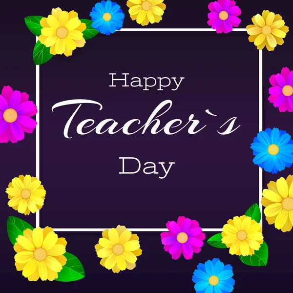 Счастливого дня учителя. Приветственный баннер для поздравительных открыток. Реалистичные красочные, яркие, весенние цветы на темном фоне . — стоковый вектор