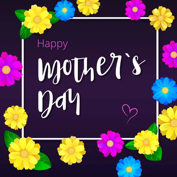 Szczęśliwy dzień matki. Pozdrowienie banner z białą ramkę dla karty gratulacje. Realistyczne kolorowe, jasne, wiosenne kwiaty na ciemnym tłem. Gotowy do swojej ukochanej matki — Wektor stockowy