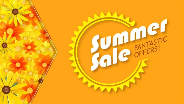 夏季大减价，销售横幅。热的橙色背景和黄色的雏菊花场。模板，模拟在线购物，广告杂志 — 图库矢量图片