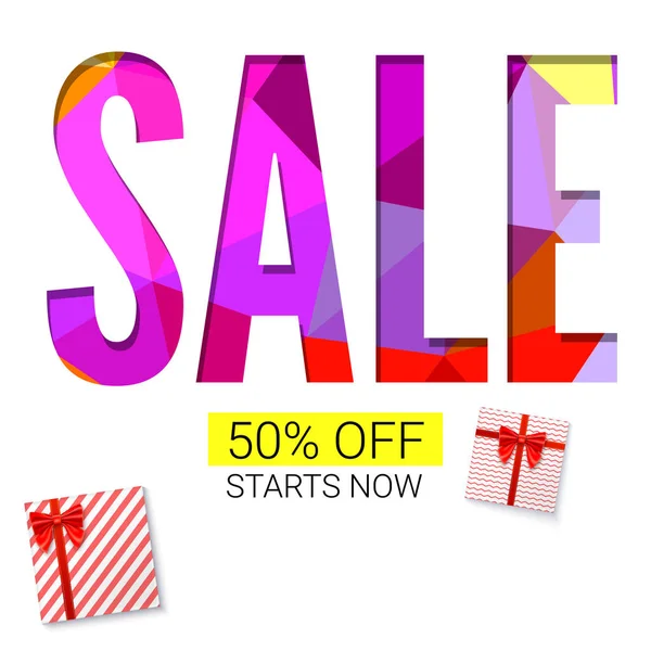 Holiday sale with gift, advertising banner on white and triangles background. Red gift boxes with ribbon. 50 percent off, starts now — Stock Vector