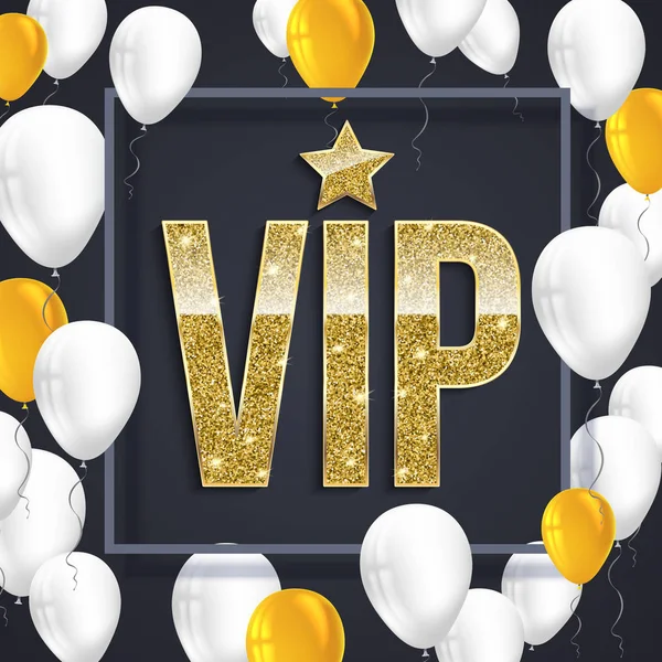 Cartaz VIP com balões coloridos brilhantes no fundo escuro com letras. Ilustração vetorial . — Vetor de Stock