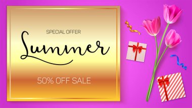 Lale, hediyeler ve Satınalmalar kutularından çiçekleri ile altın bir arka plan üzerine yaz satış reklam poster. indirim yüzde 50. Mağazalar Şimdi. Yatay görüntü Hd video oranlarda
