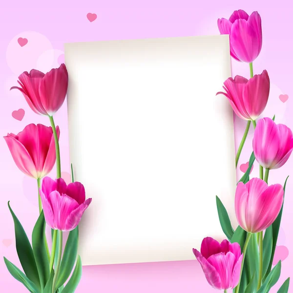 Ευχετήρια κάρτα με τουλίπες σε όλο το φύλλο χαρτιού με κείμενο σε ροζ φόντο. Τουλίπες ρεαλιστική λουλούδια με πέταλα και τα φύλλα, εορταστική σύνθεση. Πρότυπο για τη δημιουργικότητά σας — Διανυσματικό Αρχείο