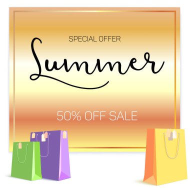 Yaz satış reklam, altın arka plan afiş satış. Kağıt poşetler etiketlerle öğeleri satın aldı. Parlak, göze çarpan satış banner reklam. Öğeleri yazı ile reklam işareti