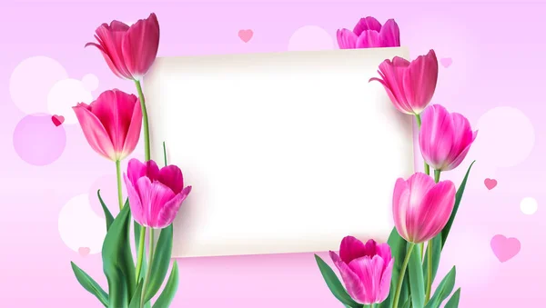 Z życzeniami z tulipany wokół arkusz papieru z tekstem na różowym tle. Realistyczne kwiaty tulipany z płatki i liście, uroczysty składu. Szablon dla kreatywności — Wektor stockowy