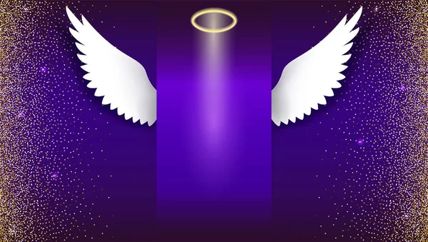 Angel wings with golden halo hovering on the dark background. Wings and golden halo. Card with white angelic wings. Gradient backdrop with golden, shiny, glitter dust. Horizontal picture frame. — Stock Vector