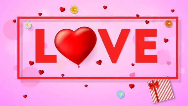 Tarjeta de amor con tipografía, un gran corazón rojo en forma de globo inflable, escarlata. Vista superior de la composición con caja de regalo, velas, oropel y confeti . — Vector de stock