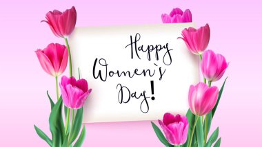 Lale pembe arka plan üzerinde metin ile kağıdın çevresinde ile tebrik kartı. Yaprakları ve yaprakları, Festival kompozisyon ile gerçekçi çiçek Lale. Yaratıcılık için şablon