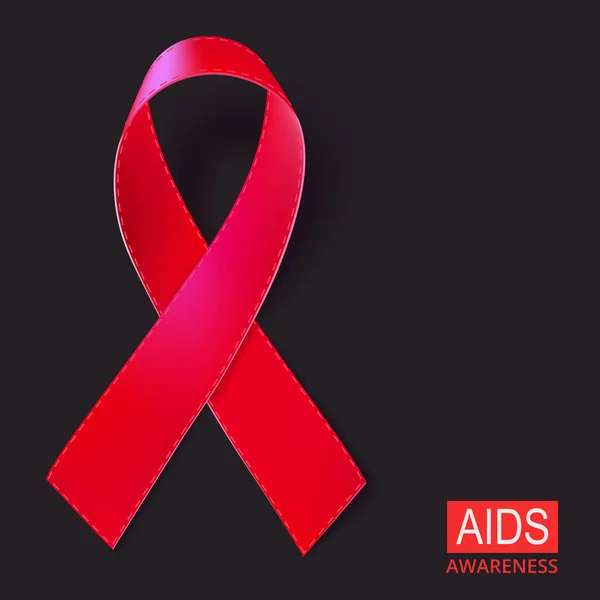 Realistiska rött band vektorillustration på svart bakgrund. Symbol för Aids, Hiv, hjärtsjukdom, stroke medvetenhet tecken — Stock vektor