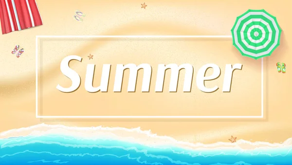 Sommerhintergrund, Banner mit Meer, Sonnenschirmen, goldenem Sand und Strandmatte. — Stockvektor