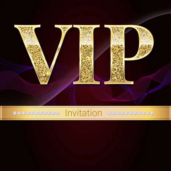 Símbolo dorado de la exclusividad, la etiqueta VIP con brillo. La persona muy importante - la invitación VIP a la élite abstracta la ola del fondo de humo, la tarjeta de lujo. Plantilla para banners vip, invitación, portada — Vector de stock