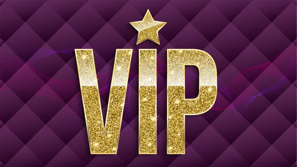 VIP golden γράμματα με glitter σε αφηρημένα φόντο καπιτονέ, πολυτελή κάρτα. Χρυσό σύμβολο της αποκλειστικότητας. Πολύ σημαντικό πρόσωπο - Vip icon. Πρότυπο για την πρόσκληση, κάλυμμα ή πανό — Διανυσματικό Αρχείο