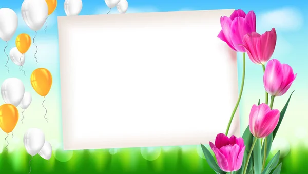 Tarjeta de felicitación con tulipanes alrededor de la hoja de papel con globos inflables voladores. Fondo realista de verano con hierba verde, composición festiva. Plantilla para tu creatividad, tarjeta de felicitación — Vector de stock