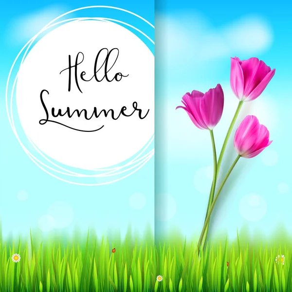 안녕하세요 여름, 엽서. 파란 여름 하늘 배경과 핑크 튤립입니다. 푸른 잔디와 흰 구름 손으로 그린 비 문의 초대, 커버 또는 인사말에 대 한 서식 파일 — 스톡 벡터