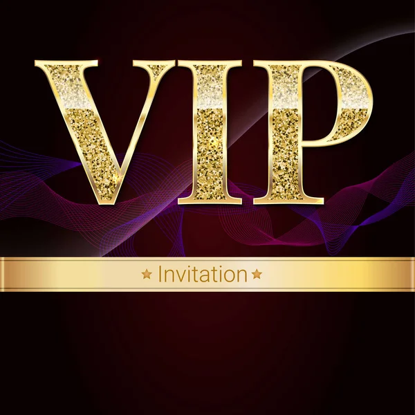 Símbolo dorado de la exclusividad, la etiqueta VIP con brillo. La persona muy importante - la invitación VIP a la élite abstracta la ola del fondo de humo, la tarjeta de lujo. Plantilla para banners vip, invitación, portada — Vector de stock