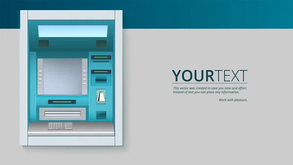 Máquina de dinheiro do banco. ATM - Caixa automática com tela em branco e detalhes cuidadosamente desenhados no fundo branco. Modelo para folhetos, capa, apresentação ou cartaz — Vetor de Stock