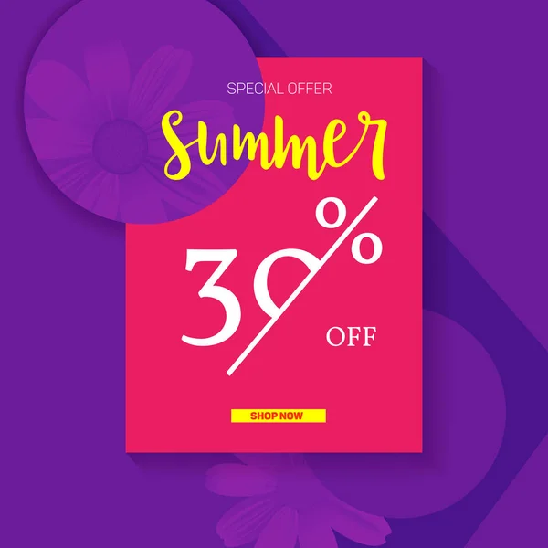 Summer selling ad banner, vintage text design. Summer discount of thirty percent. Holiday discounts, sale background on a color graphic backdrop. Template for shopping, advertising, banner, billboard