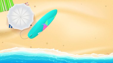 Yaz kum Beach sahil üzerinde. Şemsiye, Mat, plaj terlikleri ve denizin dalgaları yakınındaki sörf tahtası. Yatay yaz arka plan. Online alışveriş, reklam eylemler, dergiler için şablon