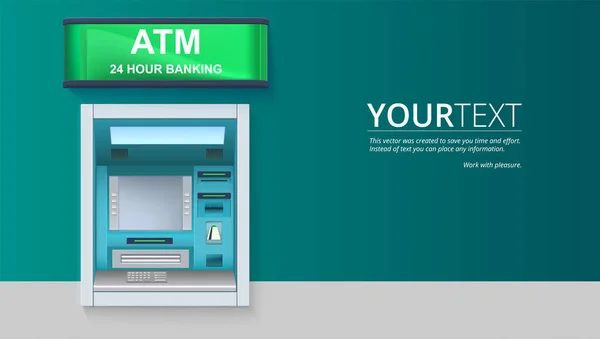 Máquina de dinheiro do banco. ATM - Caixa automática com tela em branco e detalhes cuidadosamente desenhados no fundo branco. Modelo para folhetos, capa, apresentação ou cartaz —  Vetores de Stock