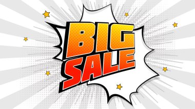 Büyük satış pop sanat splash arka plan, patlama çizgi roman kitap tarzı. Reklam tabela, fiyat indirimi, Satılık yarı ton noktaları, bulut kirişler kırmızı zemin üzerinde ışık ile. Vektör reklam, kapakları, posterler için