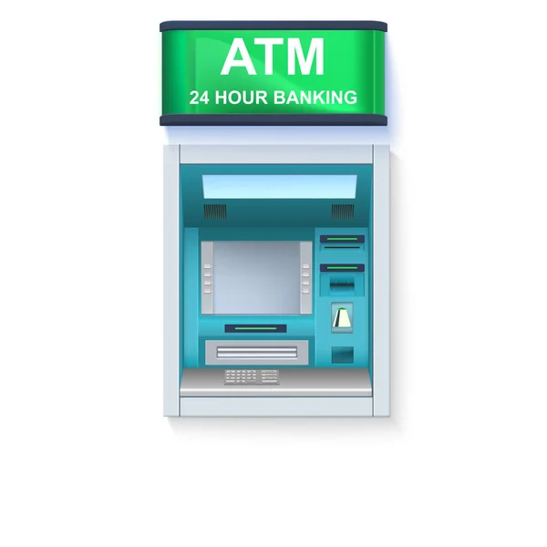 De geldautomaat van de Bank. ATM - Automated teller machine met leeg scherm en zorgvuldig getrokken details op witte achtergrond. Sjabloon voor folders, de dekking, de presentatie of de poster — Stockvector