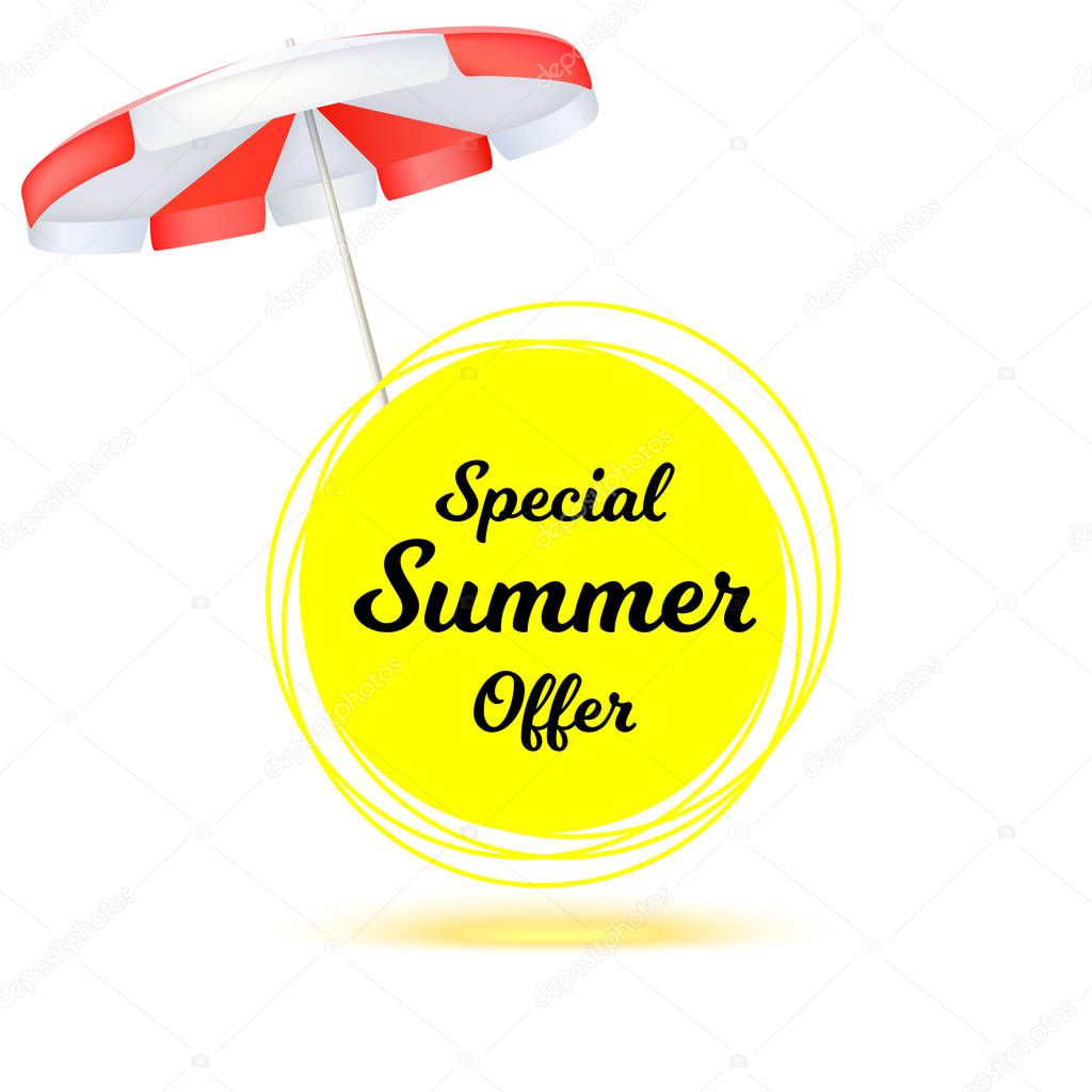Special summer offer, ad summer banner with sun umbrella. Hot offers on backdrop of sun. Seasonal shopping concept. Promotion template for your online shopping, retail business and advertising banners