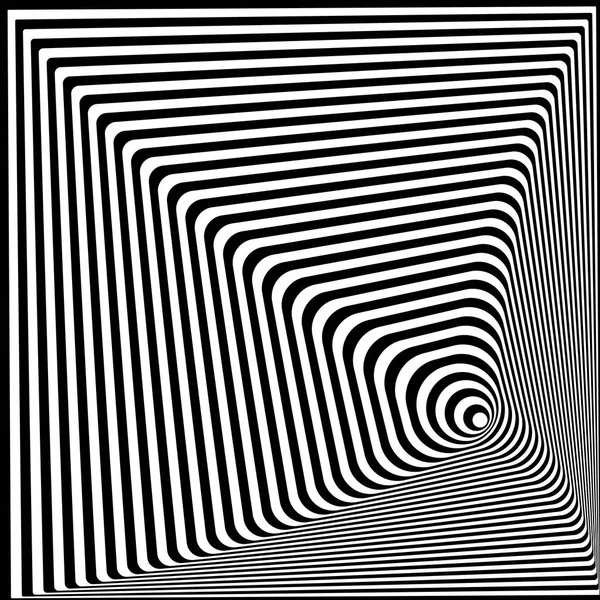 Ilusión óptica retorcida abstracta en blanco y negro, fondo rayado. Arte óptico. 3d ilustración vectorial. Plantilla para anuncios, portadas, carteles, banners y otros — Vector de stock