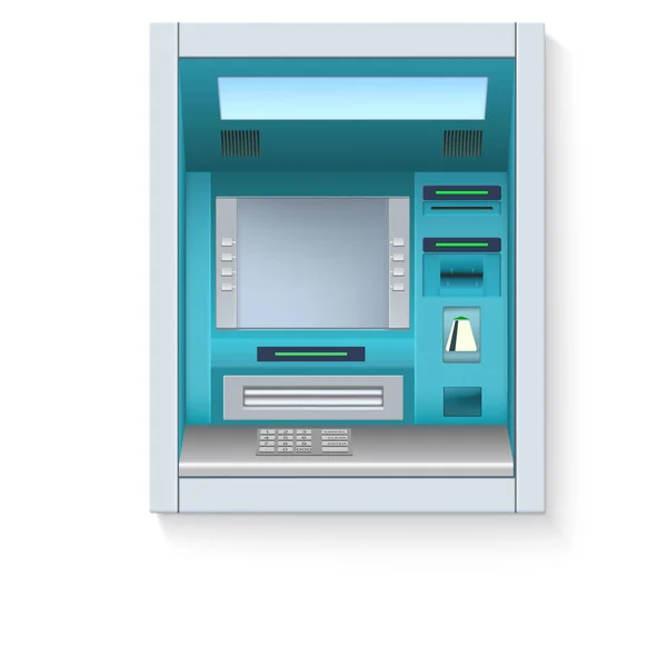 Banka para makine. ATM - otomatik vezne makinesi boş ekran ve dikkatle ayrıntıları beyaz zemin üzerinde çizilmiş. El ilanları, kapak, tanıtım veya poster için şablon — Stok Vektör