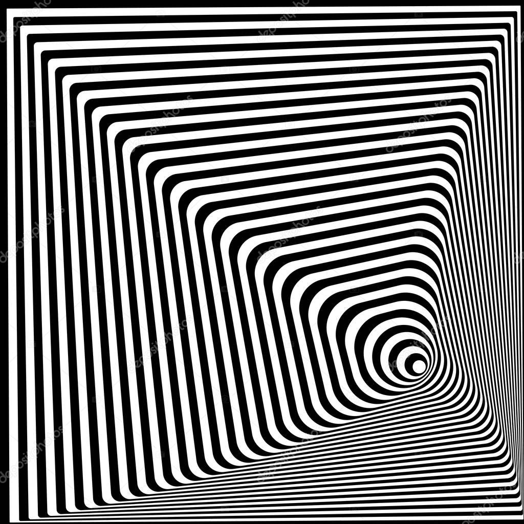 Abstract twisted black and white optical illusion, striped background. Optical Art. 3d vector illustration. Template for ad, covers, posters, banners and other