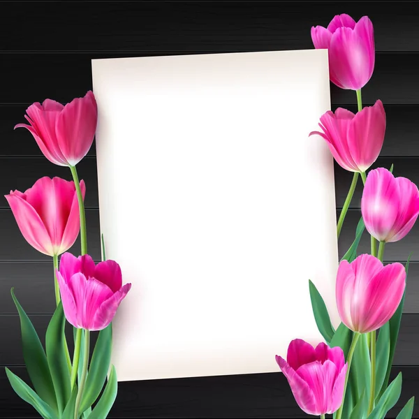 Cartão de saudação com tulipas ao redor da folha de papel com texto sobre fundo de tábua de madeira escura. Flores realistas tulipas com pétalas e folhas, composição festiva. Modelo para a sua criatividade — Vetor de Stock